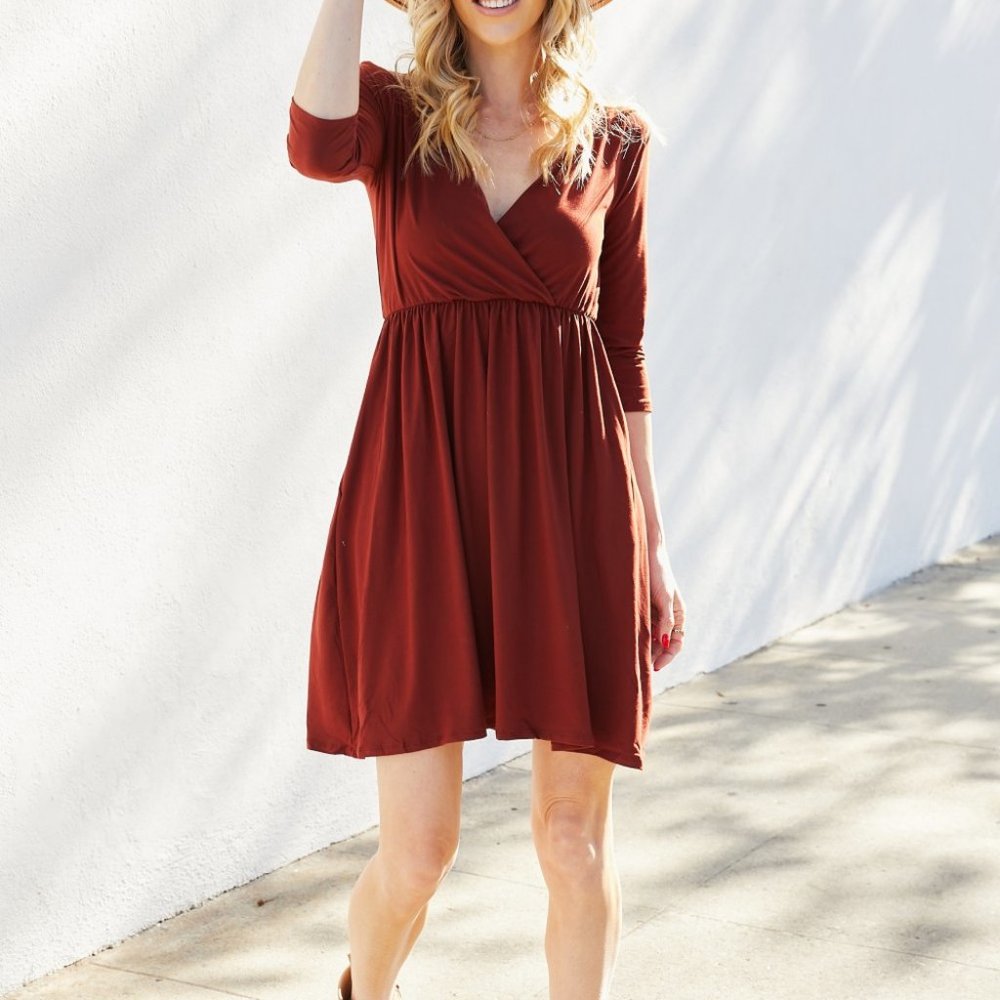 Zenana Three-Quarter Sleeve Surplice Dress with Pockets